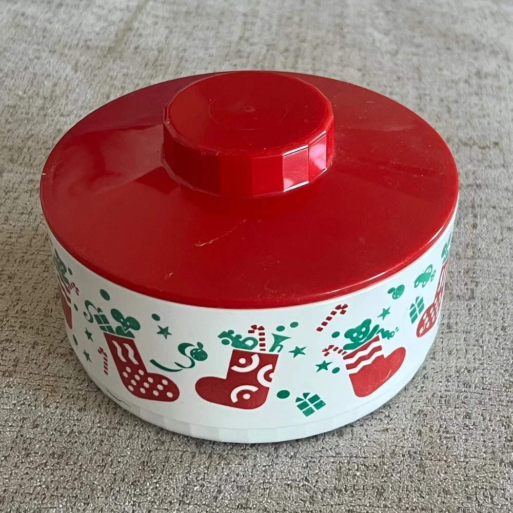 Vintage Tupperware Christmas Canister 2062A-6 Red Lid Stocking Holiday Storage